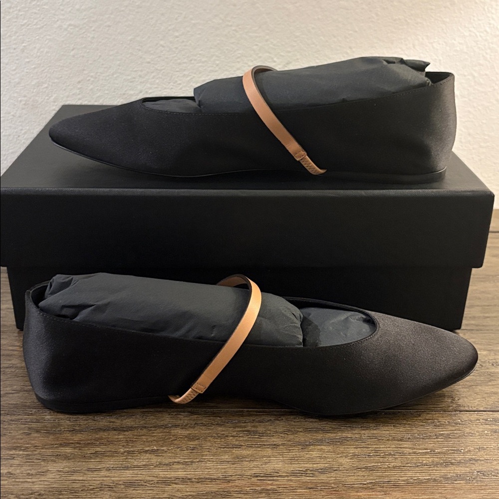 NIB [Saint Laurent] Ballerina Black Satin & Leather Flats Women's EU 39 / US 9 - Picture 9 of 16